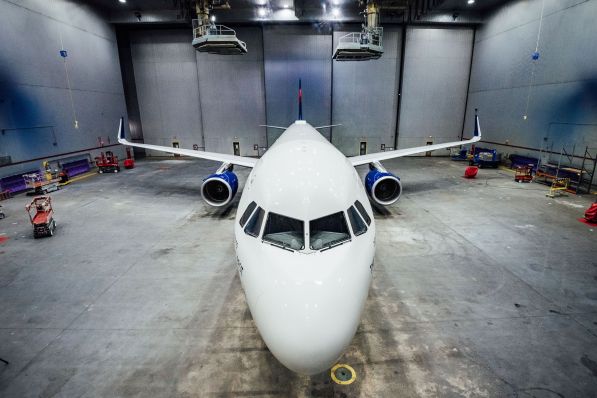 Delta Air Lines custom paints one of its A320s for profit sharing day in Atlanta, Ga. on Wednesday, February 12, 2020. (Photo by John Paul Van Wert for Rank Studios)